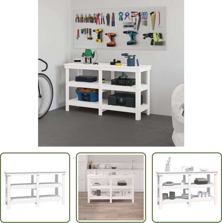 The Living Store Houten Werkbank Massief Grenenhout 142.5 x 50 x 80 cm Wit
