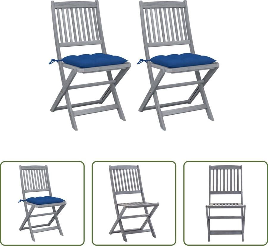 The Living Store Klapstoel Acaciahout Blauw Kussens Set van 2 48.5 x 57 x 91 cm