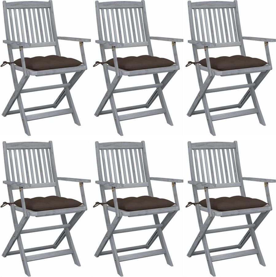 The Living Store Klapstoelen Acaciahout Greywash Set van 6 met Kussens Kleur- Taupe