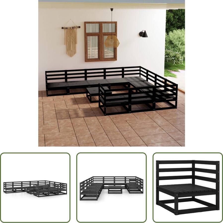The Living Store Lounge Tuinset Massief grenenhout 6x middenbank 4x hoekbank 1x tafel voetenbank Zwart 70x70x67 cm (BxDxH) Montage vereist