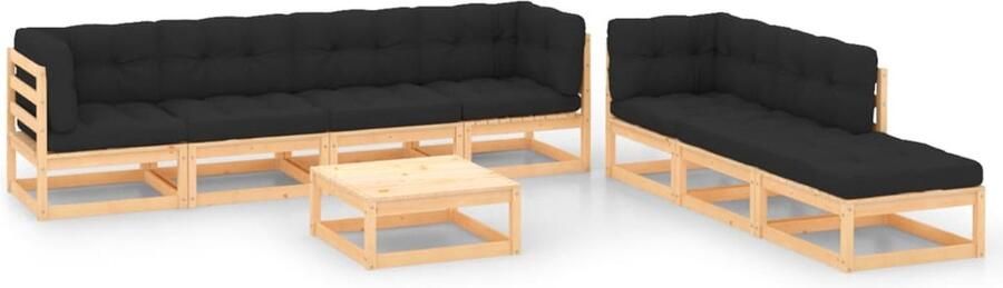 The Living Store Loungeset Grenenhout 3 middenbanken + 3 hoekbanken + tafel + voetenbank + 7 zitkussens + 9 rugkussens Antraciet 150 cm