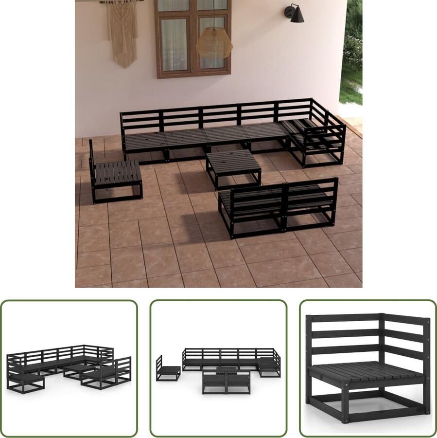 The Living Store Loungeset Grenenhout 6 Middenbank 3 Hoekbank Tafel Voetenbank Zwart 70x70x67 cm