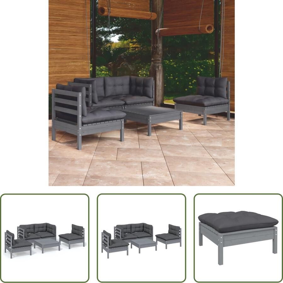 The Living Store Loungeset Grenenhout Grijs Hoekbank 63.5x63.5x62.5 cm Middenbank 63.5x63.5x62.5 cm Voetenbank Tafel 63.5x63.5x28.5 cm Zitkussen 60x60x5 cm Rugkussen 60x32x5 cm Montage vereist