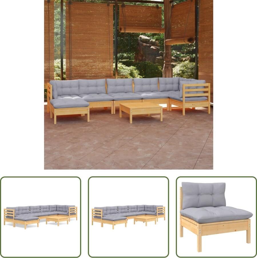 The Living Store Loungeset Grenenhout Grijs Hoekbank 63.5x63.5x62.5 cm Middenbank 63.5x63.5x62.5 cm Voetenbank Tafel 63.5x63.5x28.5 cm
