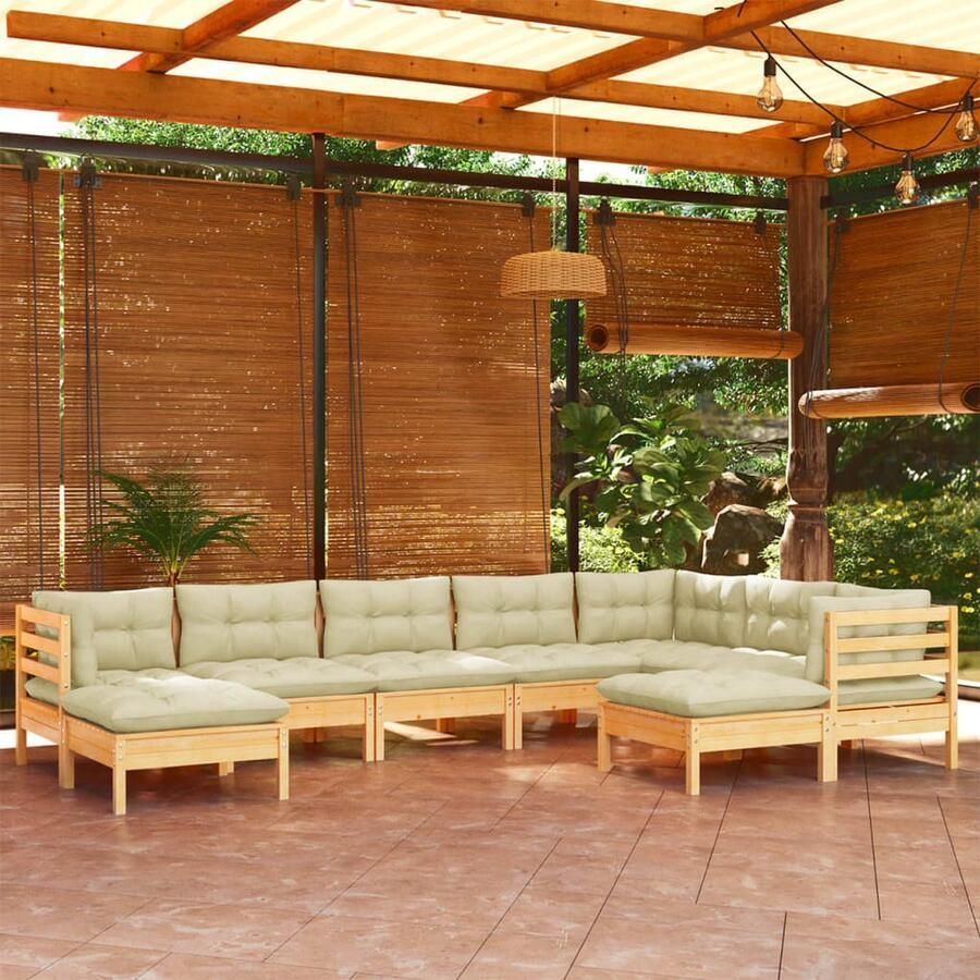 The Living Store Loungeset Grenenhout Hoekbank Middenbank Voetenbank Crème kussen Afmetingen- 63.5 x 63.5 x 62.5 cm (B x D x H) Montage vereist