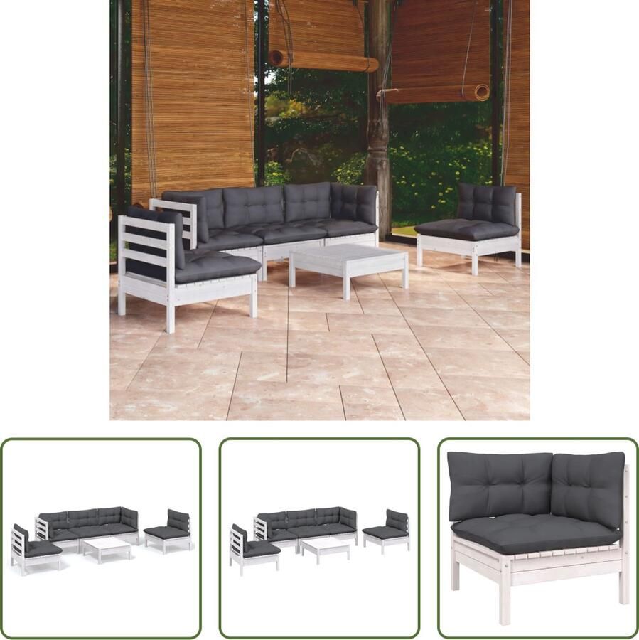 The Living Store Loungeset Grenenhout Hoekbank Middenbank Voetenbank Tafel Wit Antraciet kussens