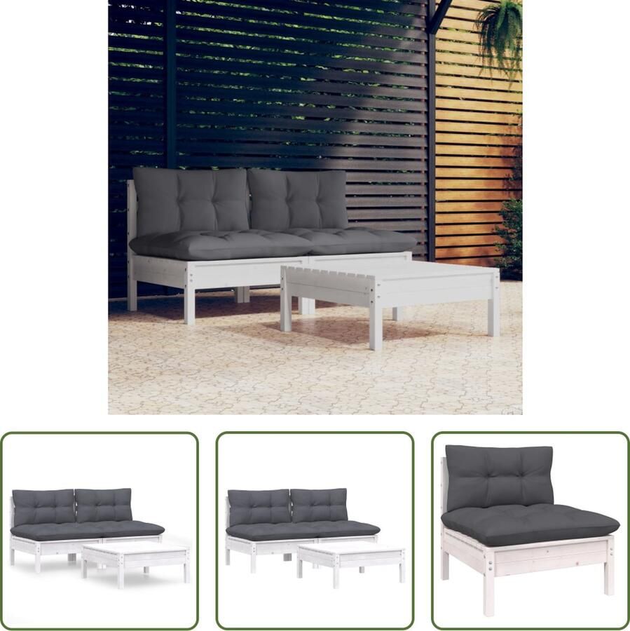 The Living Store Loungeset Grenenhout Middenbank 63.5x63.5x62.5cm Voetenbank Tafel 63.5x63.5x28.5cm Wit-Antraciet