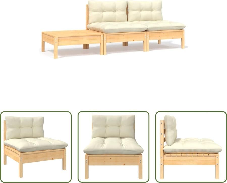 The Living Store Loungeset Grenenhout Middenbank 63.5x63.5x62.5cm Voetenbank Tafel 63.5x63.5x28.5cm Crème kussen