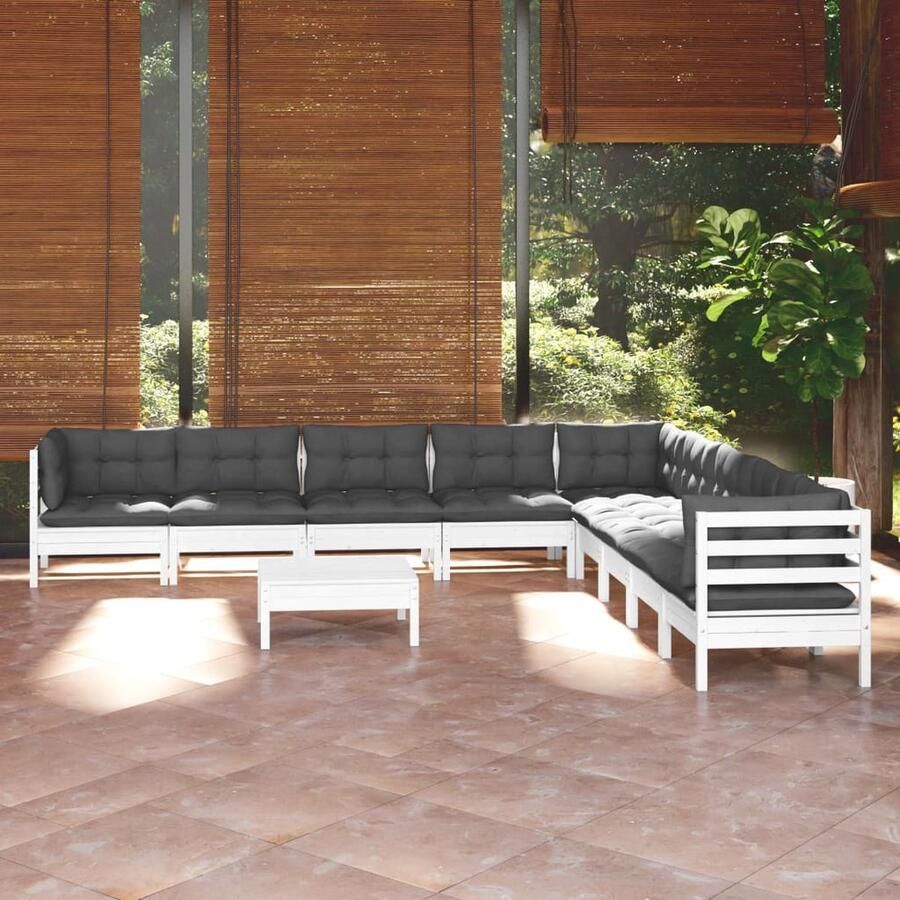 The Living Store Loungeset Grenenhout Wit Hoekbank Middenbank Voetenbank Tafel 63.5x63.5x62.5 cm Inclusief 10 Zitkussens 12 Rugkussens