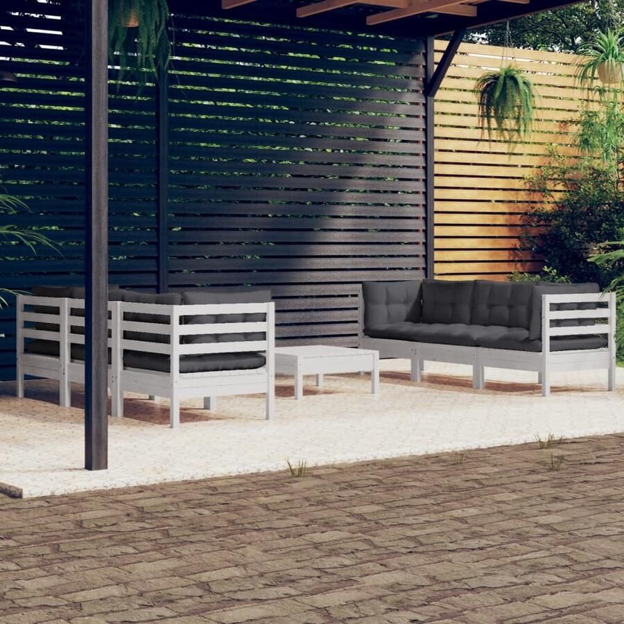 The Living Store Loungeset Grenenhout Wit Inclusief kussens Hoekbank middenbank voetenbank tafel