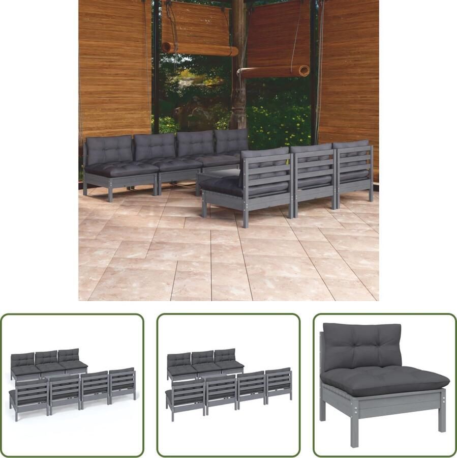 The Living Store Loungeset Massief Grenenhout Grijs 7x Middenbank 1x Voetenbank Tafel 8x Zitkussen 7x Rugkussen