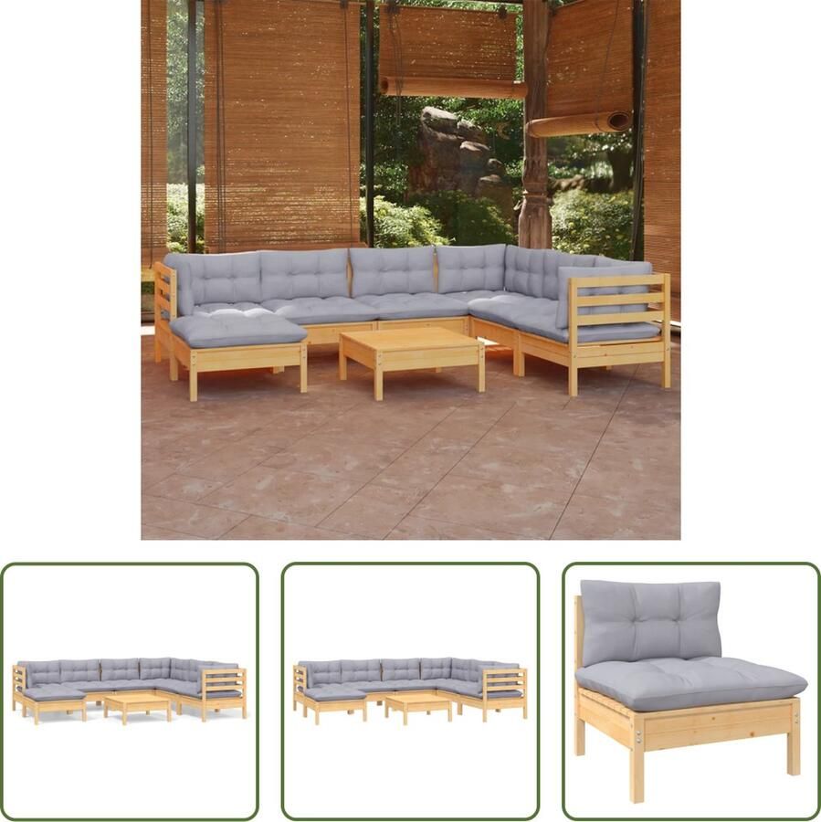 The Living Store Loungeset Massief Grenenhout Hoekbank 63.5x63.5x62.5cm Middenbank 63.5x63.5x62.5cm Voetenbank Tafel 63.5x63.5x28.5cm Grijs Kussen Montage vereist