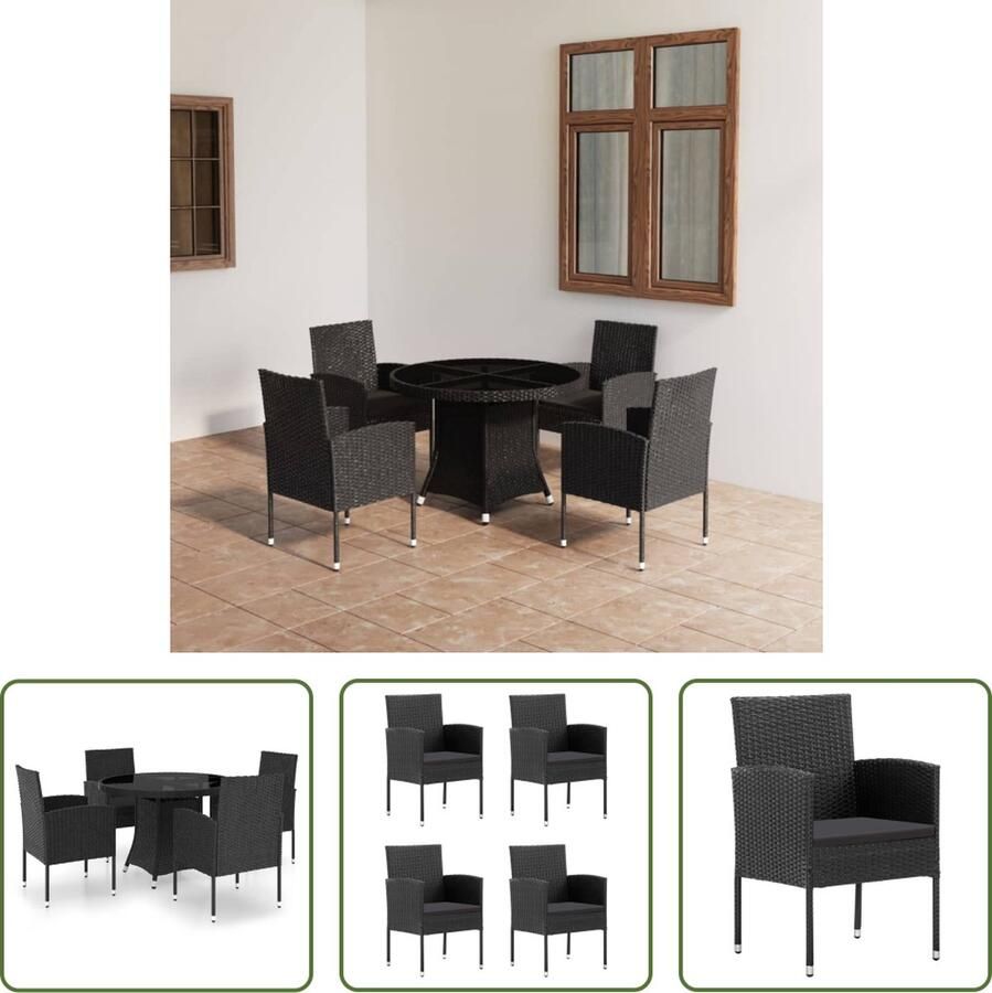 The Living Store Poly Rattan Tuinset Eettafel 110x74cm Stoelen 52x56x88cm Zwart PE-rattan en Staal