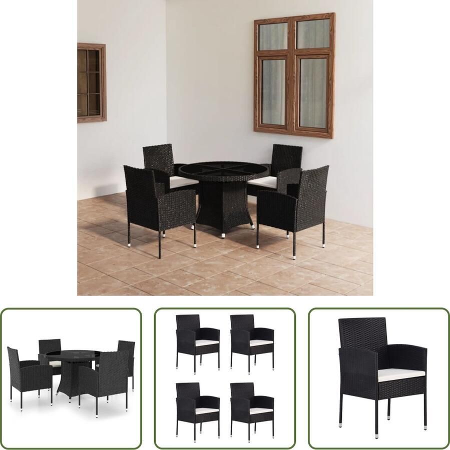 The Living Store Poly Rattan Tuinset Eettafel en Stoelen PE-rattan Staal Glas Tafelblad Comfortabele Kussens Zwart 110x74 cm 4 Stoelen