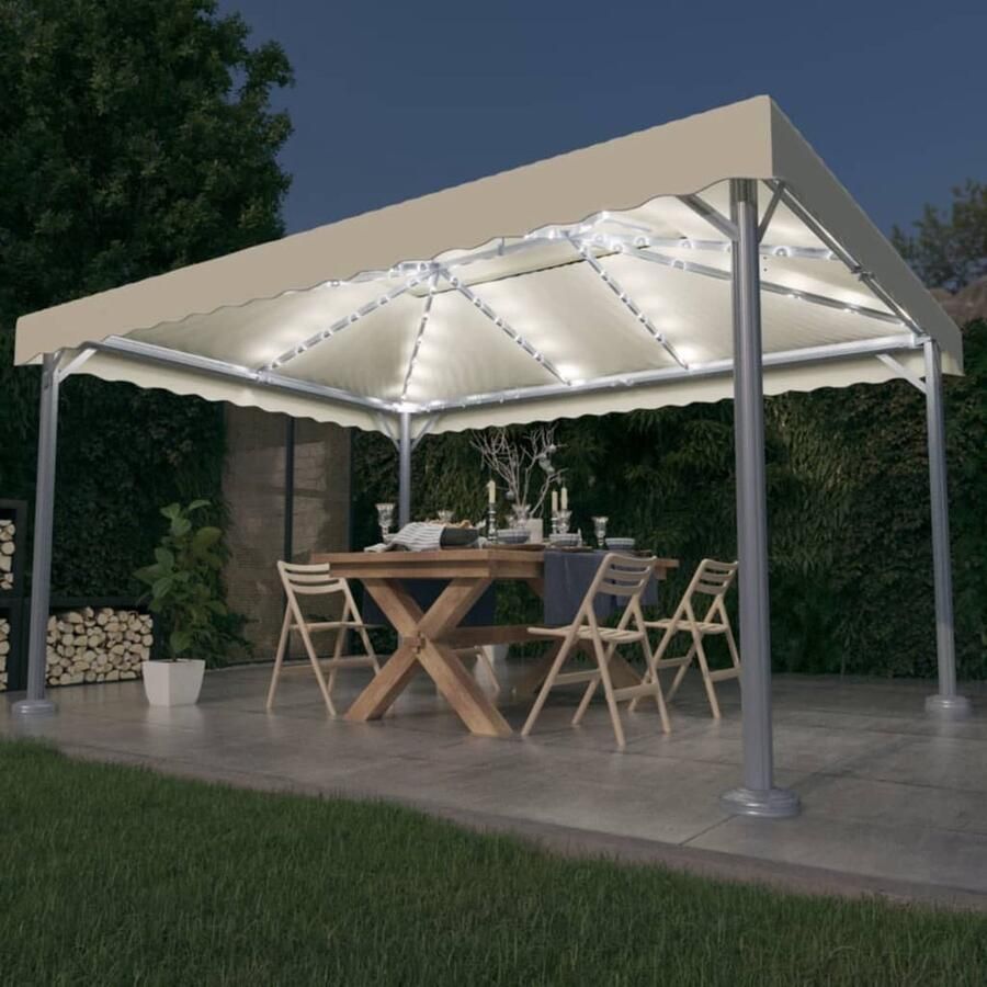 The Living Store Prieel Gazebo 400 x 300 x 270 cm Aluminium Staal Oxford Crème Met Lichtslinger