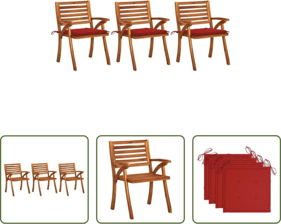 The Living Store Stoel Eetkamerstoelen 59x59x87 cm Massief acaciahout Rode kussens