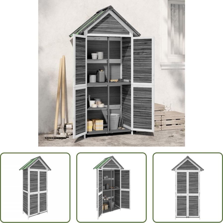The Living Store Tuinschuur Gereedschapsschuur Afmetingen- 89 x 52.5 x 175 cm Kleur- Grijs en wit Materiaal- Massief grenenhout en multiplex Ken- Regenbestendig dak Montage vereist