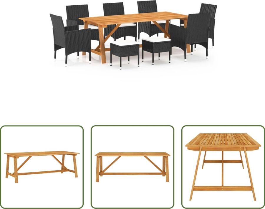 The Living Store Tuinset Acaciahout 206 x 100 x 74 cm Zwart PE rattan Crèmewit kussen Montage vereist 1 tafel 6 stoelen 2 voetenbanken 8 kussens