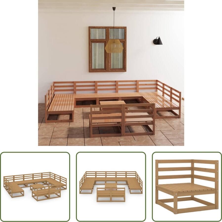 The Living Store Tuinset Grenenhout 9x Middenbank 2x Hoekbank 1x Tafel Voetenbank 70x70x67cm 70x70x30cm Honingbruin