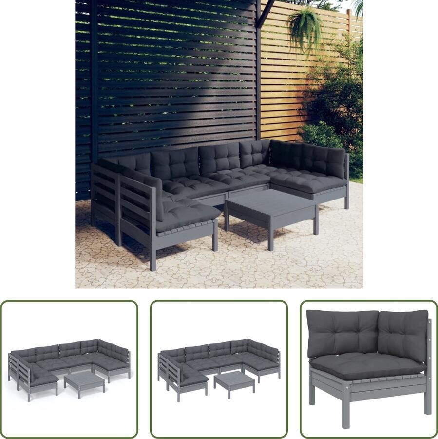 The Living Store Tuinset Grenenhout Grijs Hoekbank Middenbank Voetenbank Tafel Inclusief Kussens