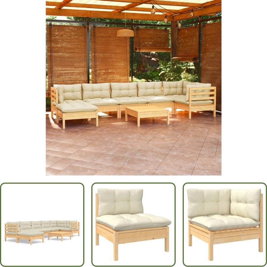 The Living Store Tuinset Grenenhout Hoekbank Middenbank Voetenbank 63.5x63.5x62.5 cm Crème kussen
