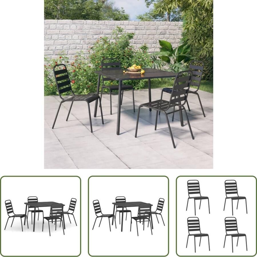The Living Store Tuinset Stabiel Stalen Frame Stapelbare Eetkamerstoelen Praktische Tafel Gelat Design Antraciet 100x100x71cm 42x64x84 cm 110kg