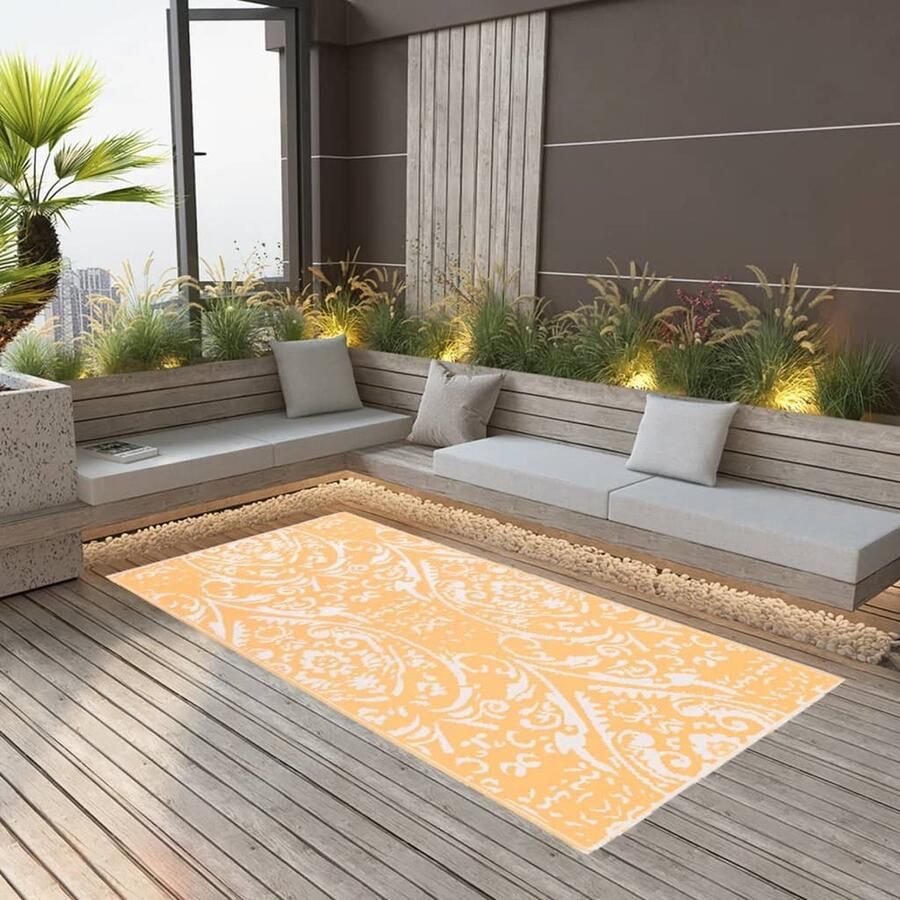 The Living Store Tuintapijt Jacquard dubbell patroon 190x290cm Oranje Wit PP