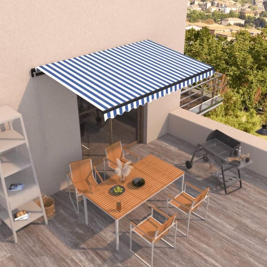 The Living Store Uitschuifbare Luifel 450x350 cm Blauw en Wit Gepoedercoat Aluminium UV- en Waterbestendig