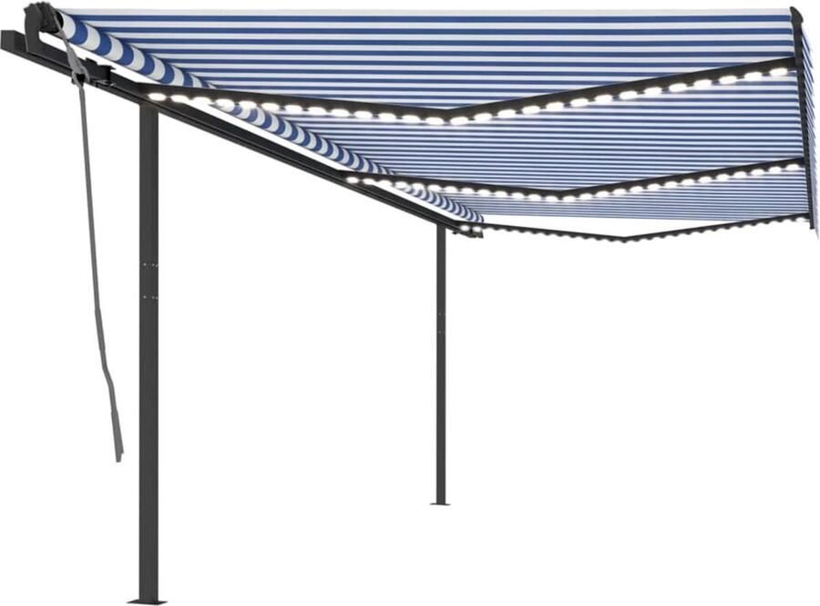 The Living Store Uitschuifbare Luifel 600 x 300 cm Blauw Wit Aluminium Ijzer Stof Inclusief Solar LED