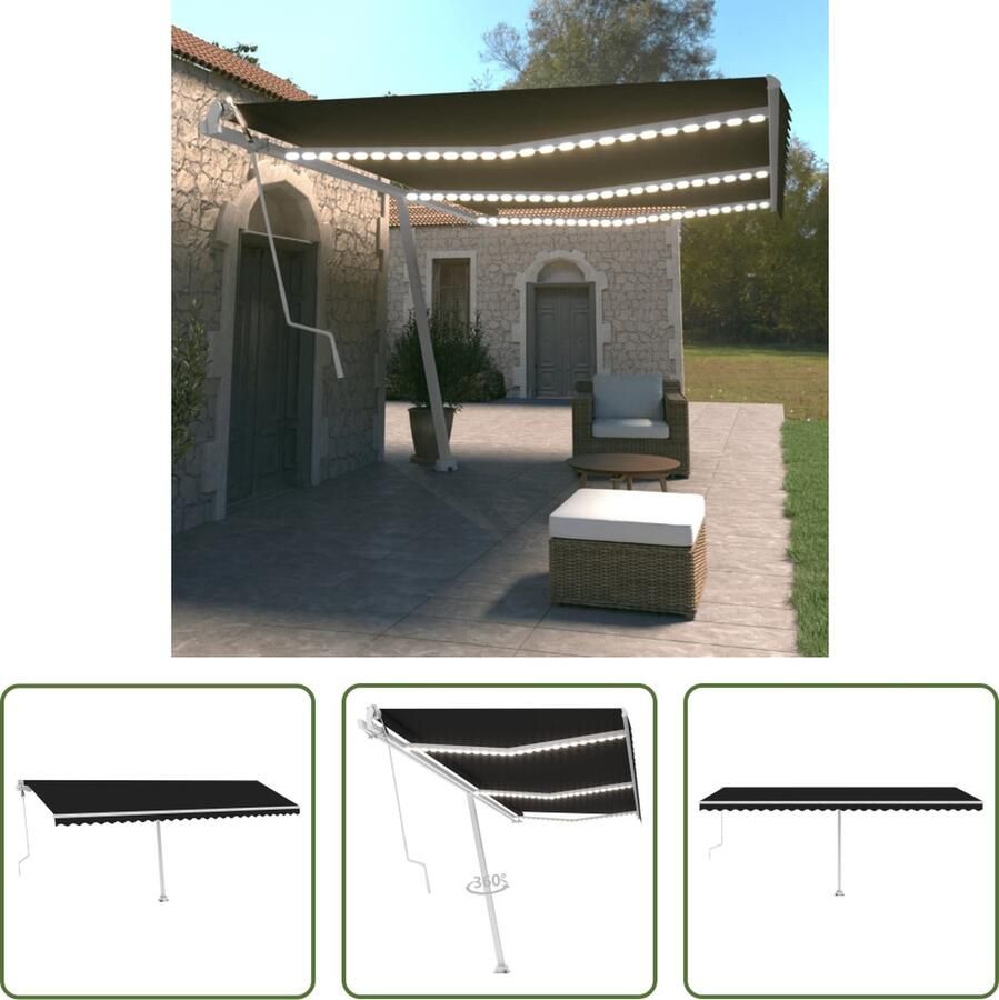 The Living Store Uitschuifbare Luifel Antraciet 600x350 cm Aluminium frame UV- en Waterbestendig