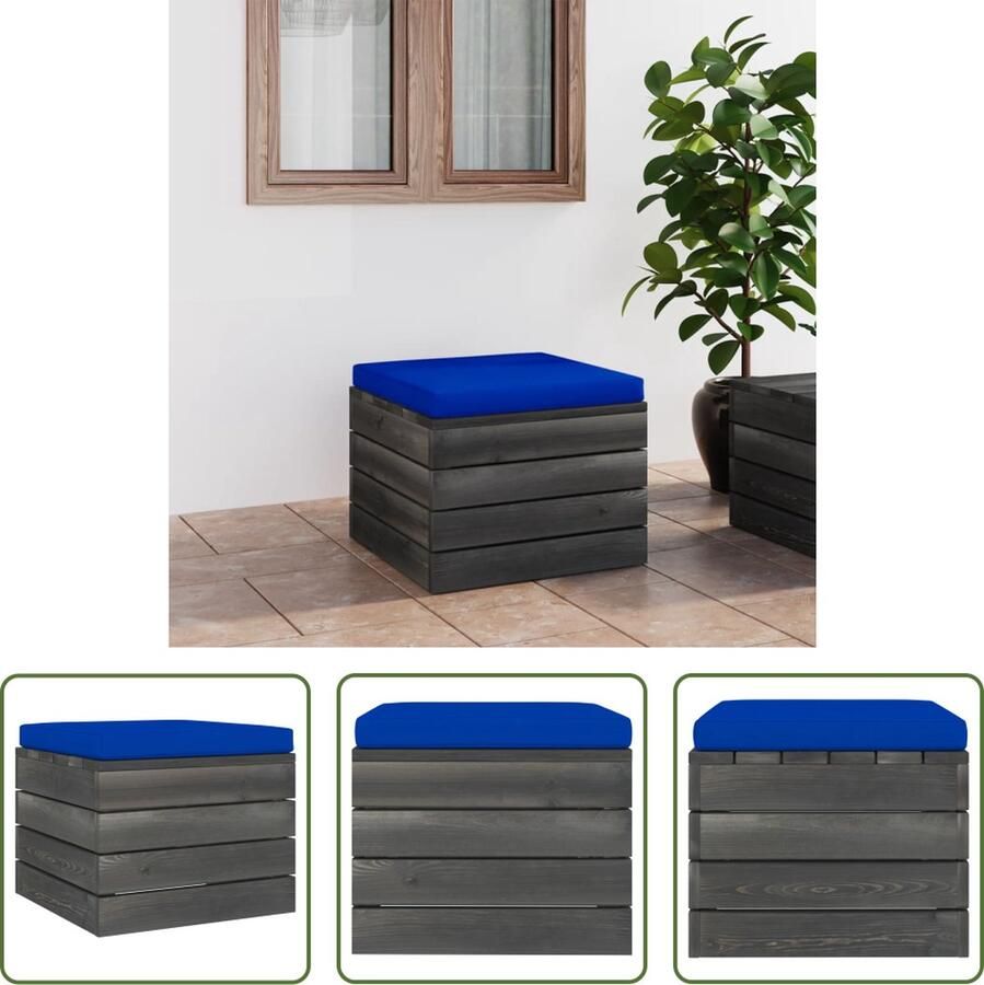 The Living Store Voetenbank Palletontwerp Massief grenenhout 60 x 60 x 41.5 cm Blauw kussen