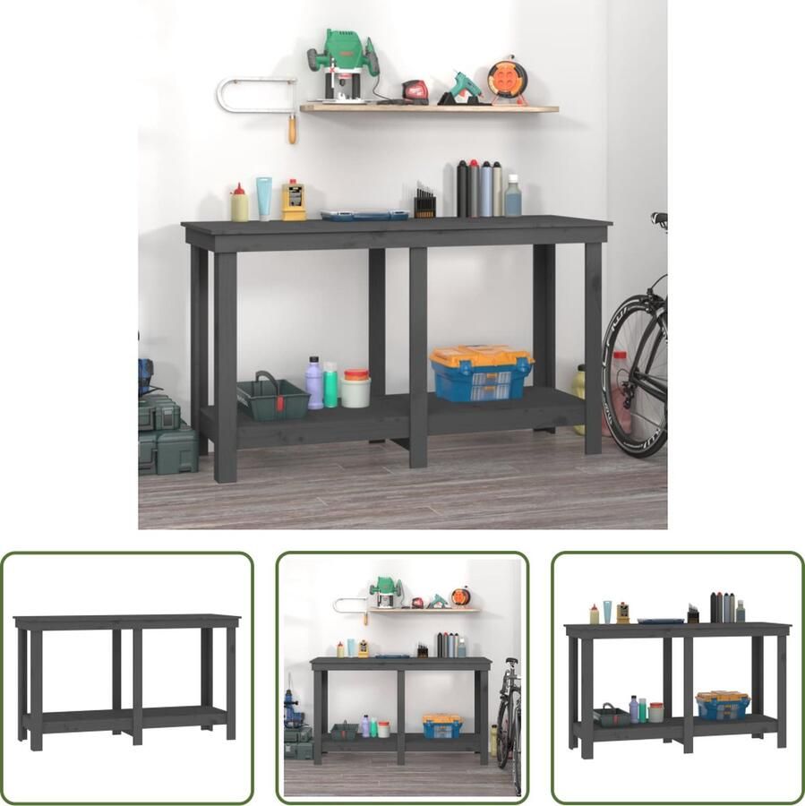 The Living Store Werkbank Grenenhouten Garage 140 x 50 x 80 cm Grijs