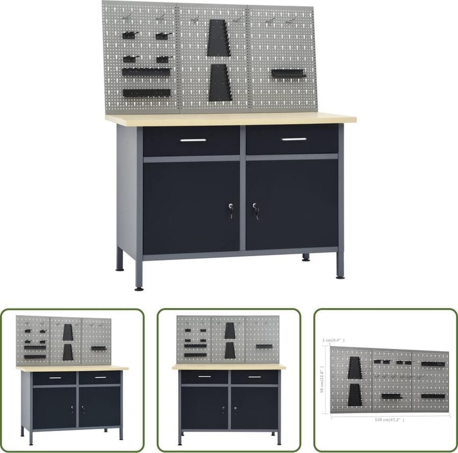 The Living Store Werkbank met Wandpanelen 120 x 60 cm Robuust en Praktisch 500 kg draagvermogen