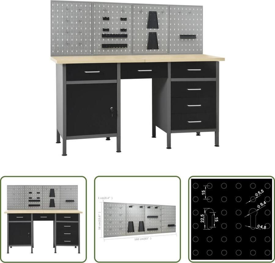 The Living Store Werkbank Praktische opbergoplossing Werkplaats en garage Afmetingen- 160 x 60 x 85 cm Draagvermogen- 500 kg Kleur- zwart en grijs