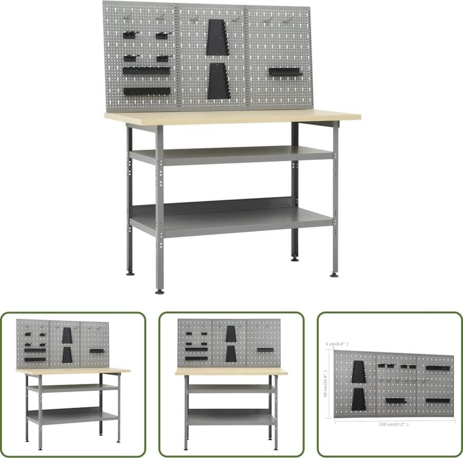 The Living Store Werkbank+3 Wandpanelen 120x60x85 cm Grijs Staal Spaanplaat Draagvermogen 300 kg