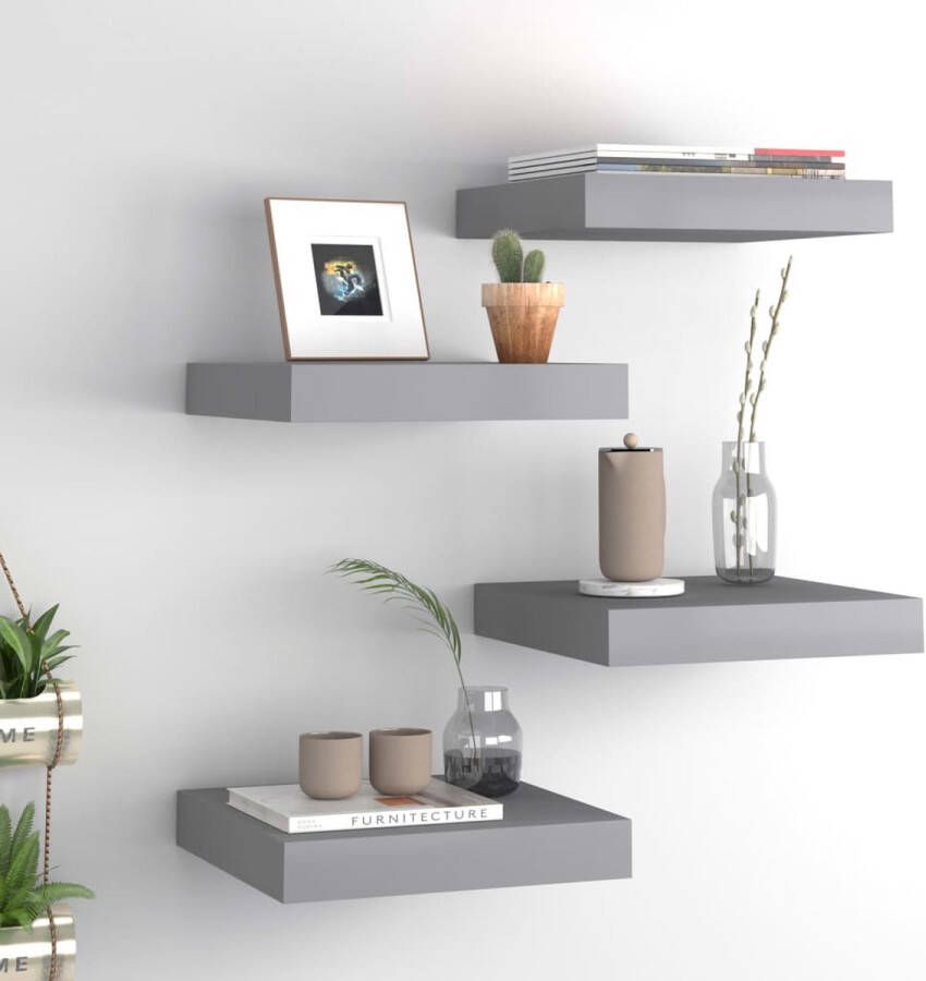 The Living Store Trendy wandplankenset grijs honingraat MDF en metaal 23 x 23.5 x 3.8 cm onzichtbaar montagesysteem