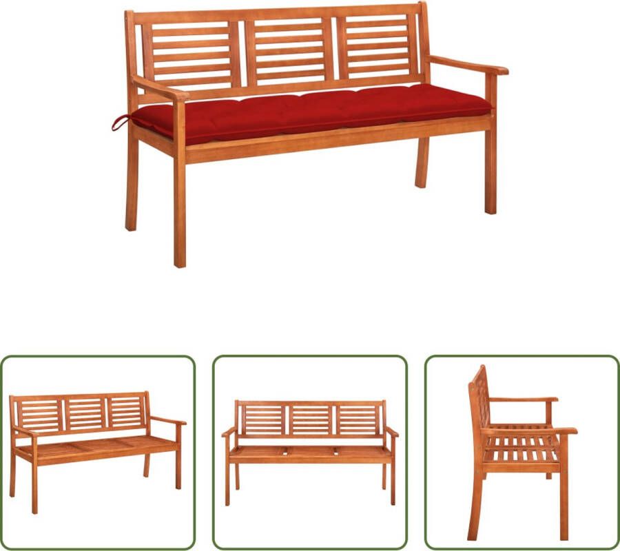 The Living Store Tuinbank Massief eucalyptushout 150 x 60 x 89 cm Rood kussen