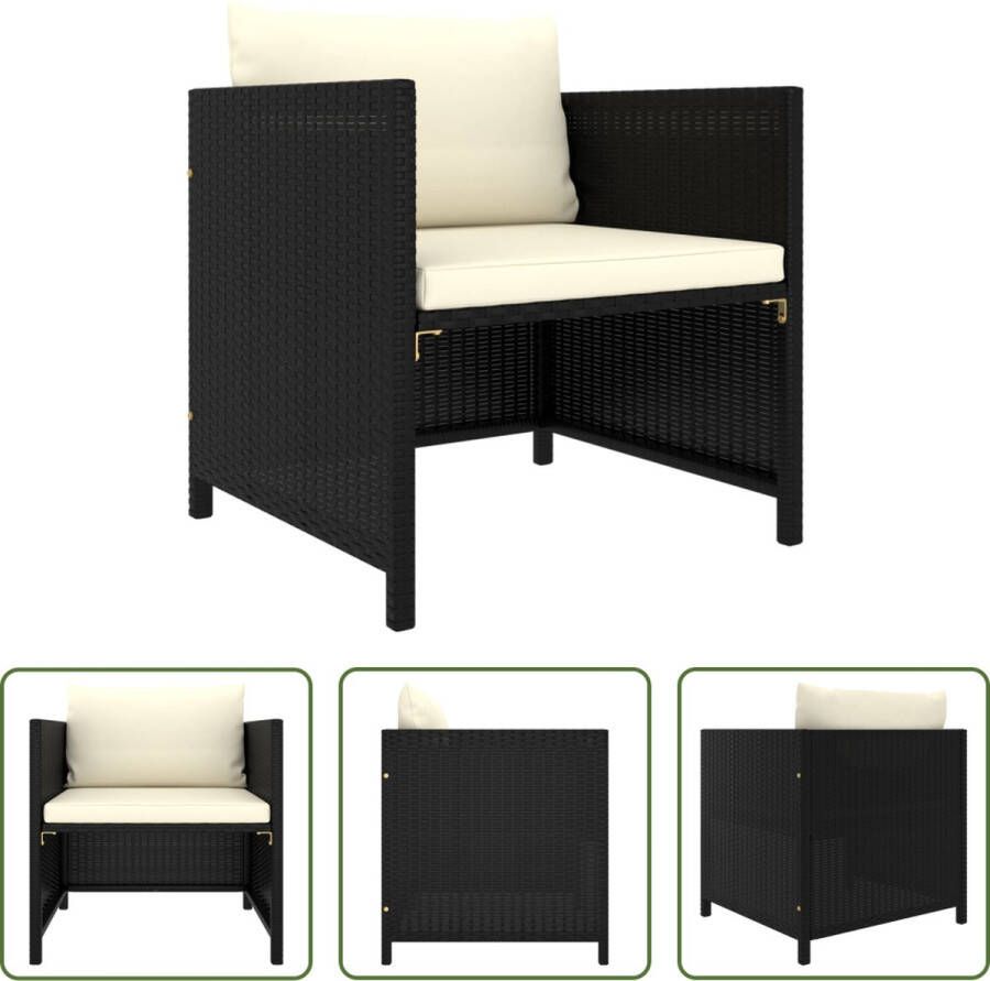 The Living Store Tuinbank PE-rattan Staal 60 x 60 x 60 cm Zwart Crèmewit kussen