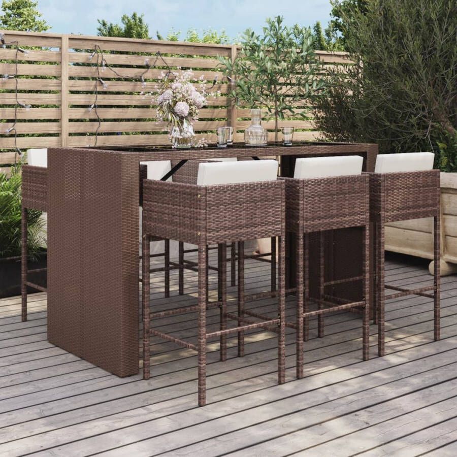 The Living Store Tuinbarset Bruin 6 barkrukken PE-rattan Gehard glazen tafelblad