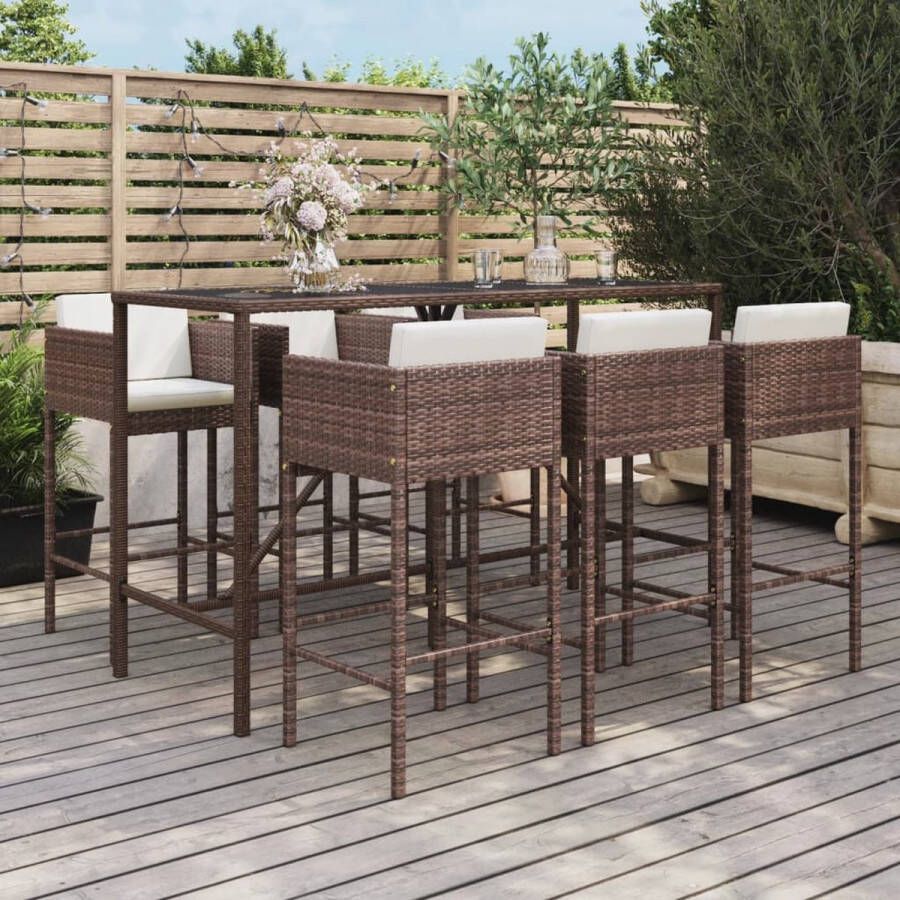 The Living Store Tuinbarset Bruin PE-rattan Bartafel 180x70x110cm Barkrukken 50x48x100cm Gehard glazen tafelblad