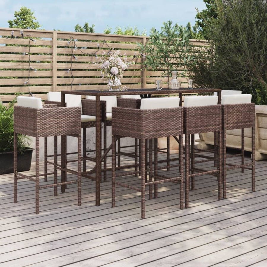 The Living Store Tuinbarset bruin PE-rattan tafel 180x70x110cm 8 barkrukken comfortabele zit stevig frame