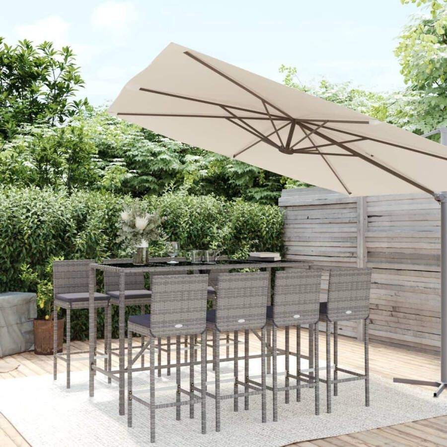 The Living Store Tuinbarset grijs PE-rattan 180 x 70 x 110 cm incl 8 barkrukken kussens