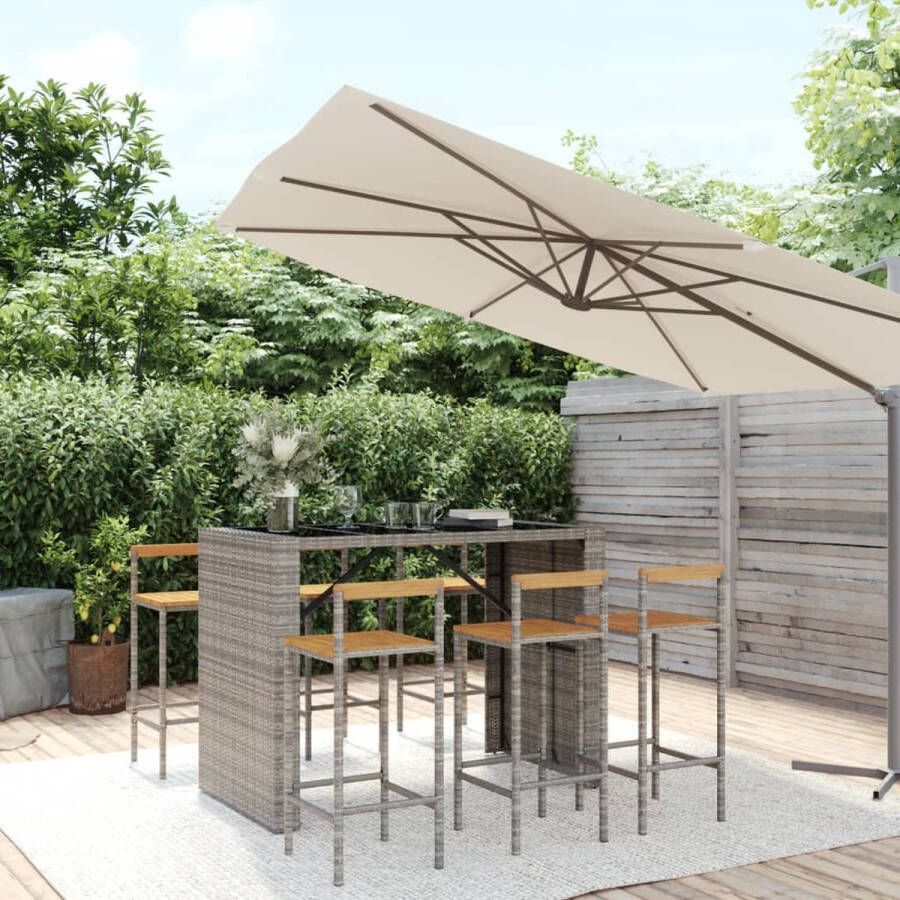 The Living Store tuinbarset grijs PE-rattan bartafel 145x80x110cm 6 barstoelen 40x44x100cm