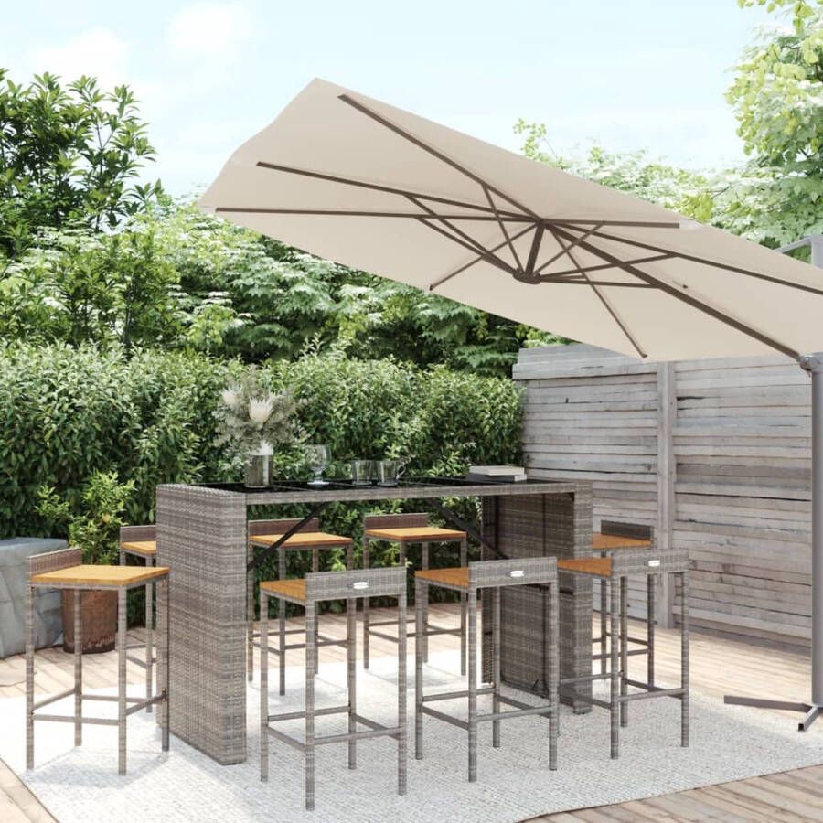 The Living Store Tuinbarset Grijs PE-rattan Gehard glas 185x80x110cm 8 barkrukken Weerbestendig materiaal Comfortabele zitplaats Stevig en stabiel frame Inclusief handleiding