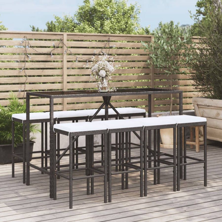 The Living Store Tuinbarset PE-rattan zwart 180x70x110 cm incl 8 barkrukken weerbestendig