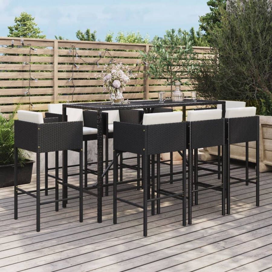 The Living Store 9-delige Tuinbarset met kussens poly rattan zwart Tuinset