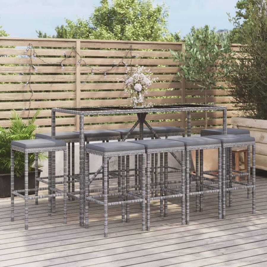 The Living Store Tuinbarset Tuinmeubelen Afmetingen- 180 x 70 x 110 cm Ken- Weerbestendig PE-rattan Kleur- Grijs Materiaal- PE-rattan gepoedercoat staal gehard glas Inclusief 10 barkrukken en kussens