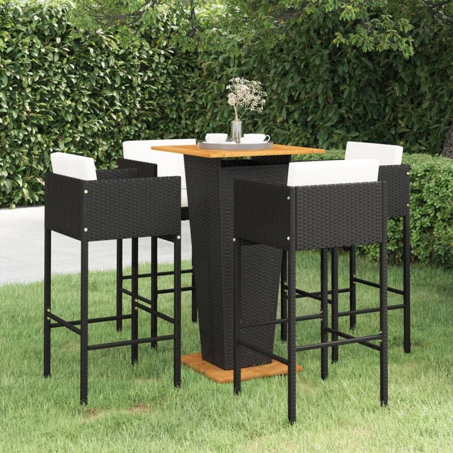 The Living Store Tuinbarset Zwart PE-rattan staal en massief acaciahout 60 x 60 x 110 cm Inclusief tafel 4 barkrukken en kussens