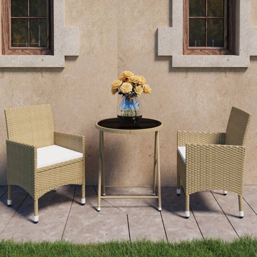 The Living Store Tuinbistroset 3-delig beige PE-rattan gehard glas 60x75cm 2 stoelen