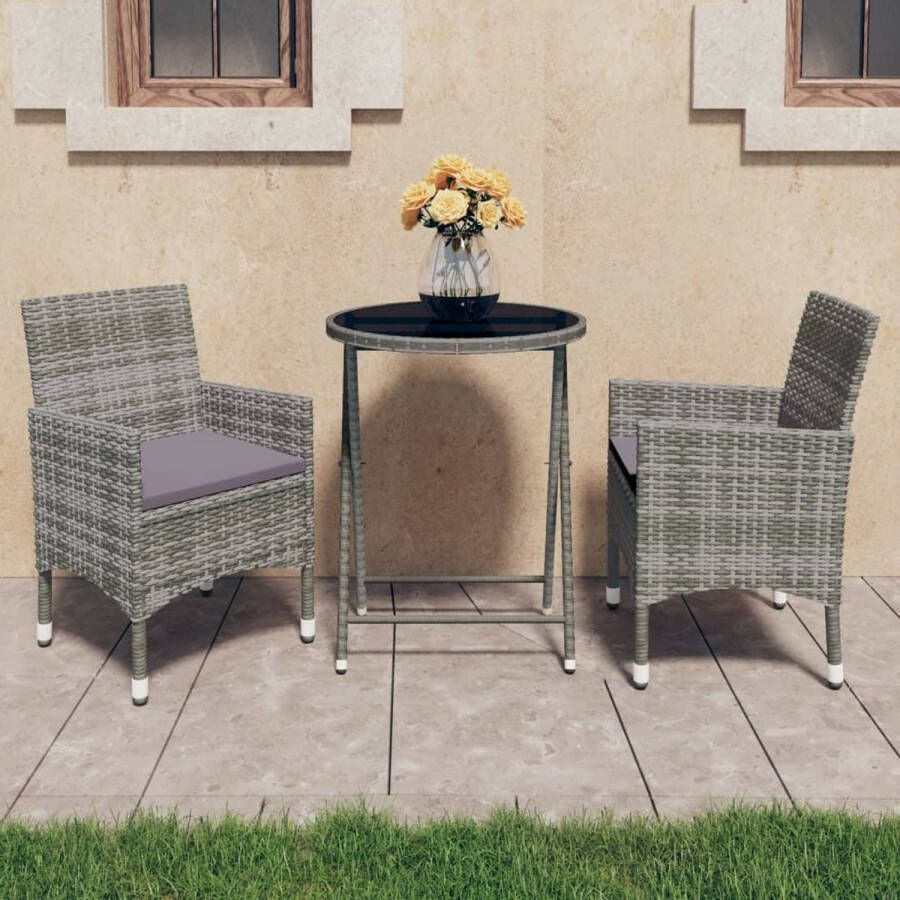 The Living Store Tuinbistroset Grijs 3-delig PE-rattan Gepoedercoat staal Gehard glas Inclusief kussens